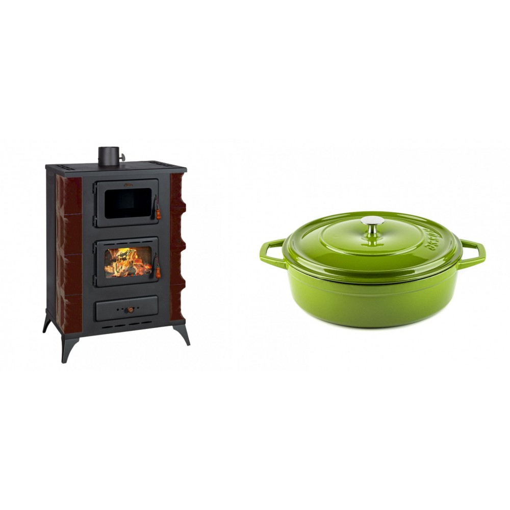 Set Kaminofen, Holzofen mit Backfach Prity, Modell F RK Maro, 12kW + Gusseisen Topf Flach Solagio, Bamboo, Ф26