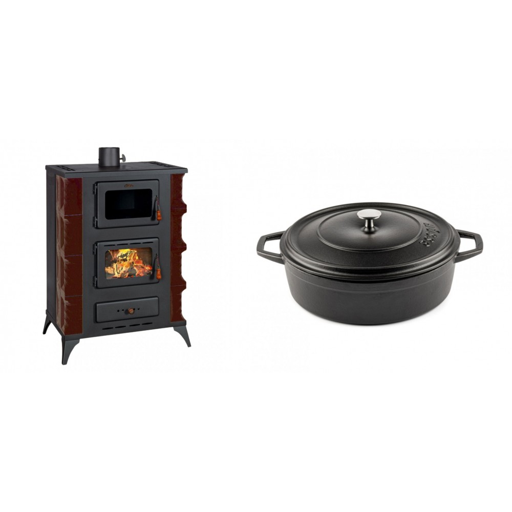 Set Kaminofen, Holzofen mit Backfach Prity, Modell F RK Maro, 12kW + Gusseisen Topf Flach Solagio, Black Onyx, Ф26