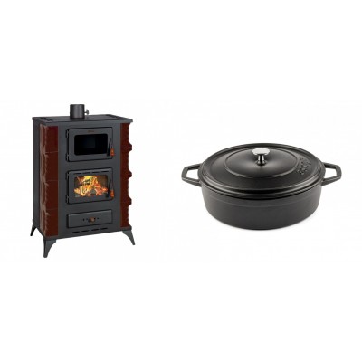 Set Kaminofen, Holzofen mit Backfach Prity, Modell F RK Maro, 12kW + Gusseisen Topf Flach Solagio, Black Onyx, Ф26 - Kaminofen - Holzofen mit Backfach