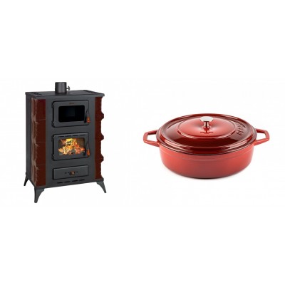 Set Kaminofen, Holzofen mit Backfach Prity, Modell F RK Maro, 12kW + Gusseisen Topf Flach Solagio, Rubin, Ф26 - Kaminofen - Holzofen mit Backfach