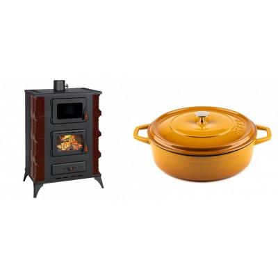 Set Kaminofen, Holzofen mit Backfach Prity, Modell F RK Maro, 12kW + Gusseisen Topf Flach Solagio, Dijon, Ф28 - Kaminofen - Holzofen mit Backfach