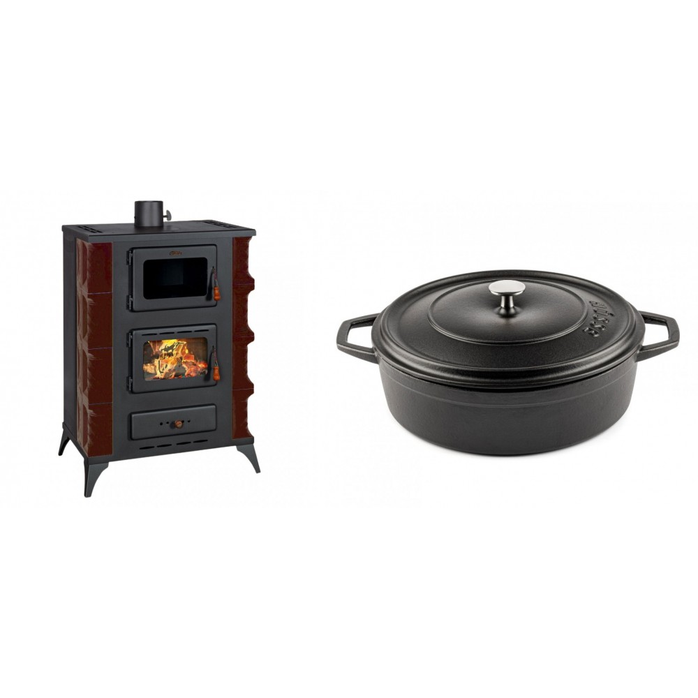 Set Kaminofen, Holzofen mit Backfach Prity, Modell F RK Maro, 12kW + Gusseisen Topf Flach Solagio, Black Onyx, Ф28