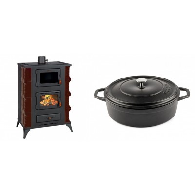 Set Kaminofen, Holzofen mit Backfach Prity, Modell F RK Maro, 12kW + Gusseisen Topf Flach Solagio, Black Onyx, Ф28 - Kaminofen - Holzofen mit Backfach