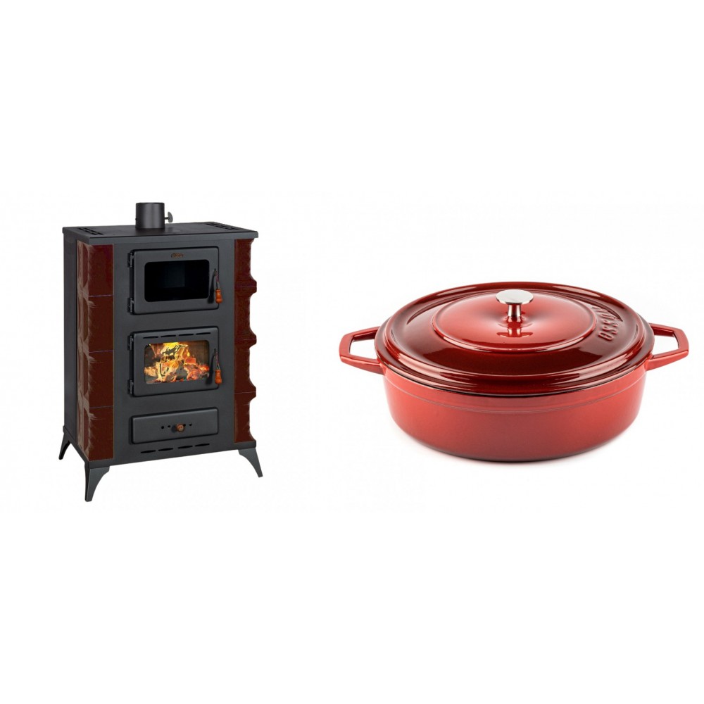 Set Kaminofen, Holzofen mit Backfach Prity, Modell F RK Maro, 12kW + Gusseisen Topf Flach Solagio, Rubin, Ф28