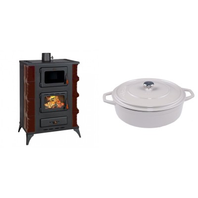 Set Kaminofen, Holzofen mit Backfach Prity, Modell F RK Maro, 12kW + Gusseisen Topf Flach Solagio, Ivory, Ф28 - Kaminofen - Holzofen mit Backfach