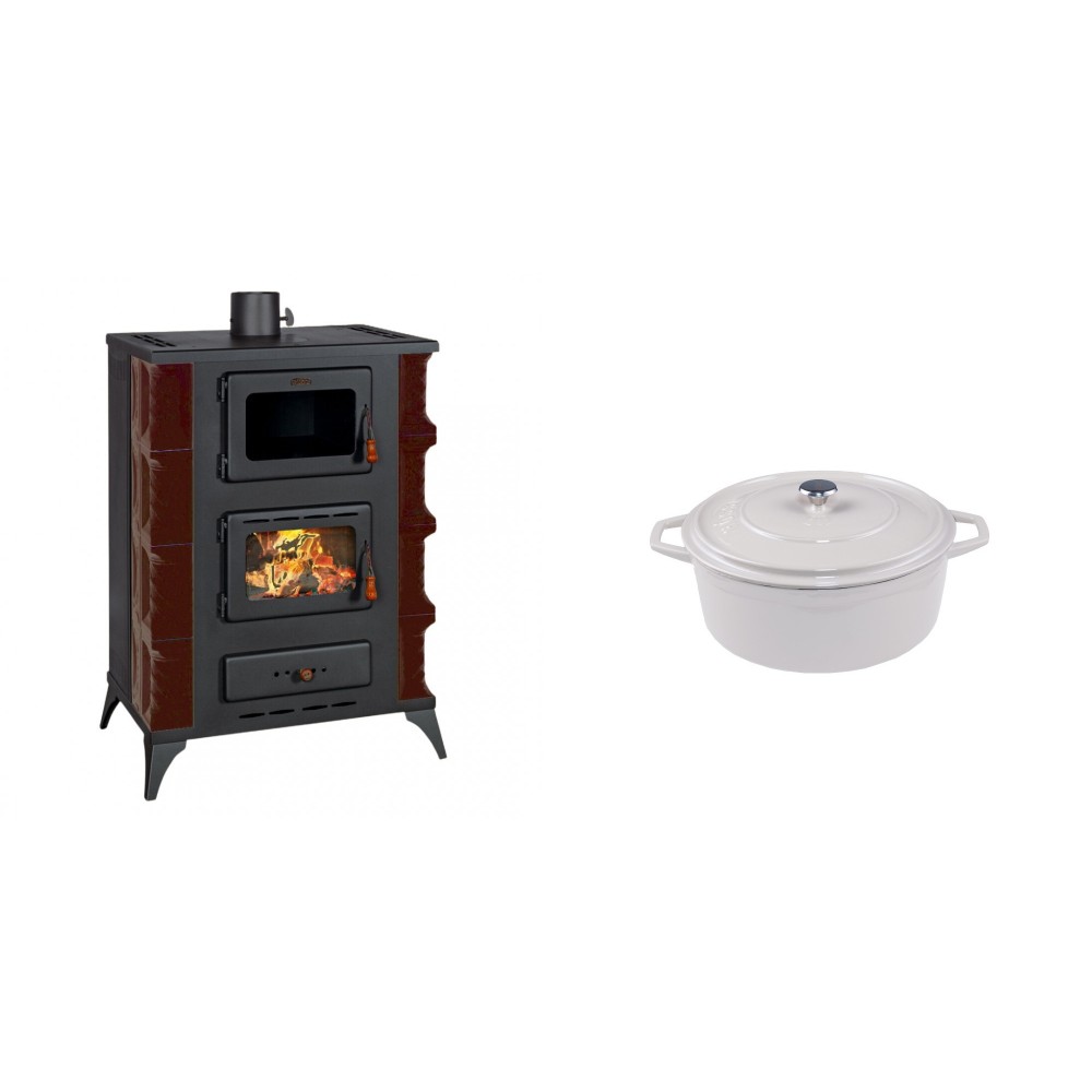 Set Kaminofen, Holzofen mit Backfach Prity, Modell F RK Maro, 12kW + Gusseisen Topf Tiefer Solagio, Ivory, Ф12