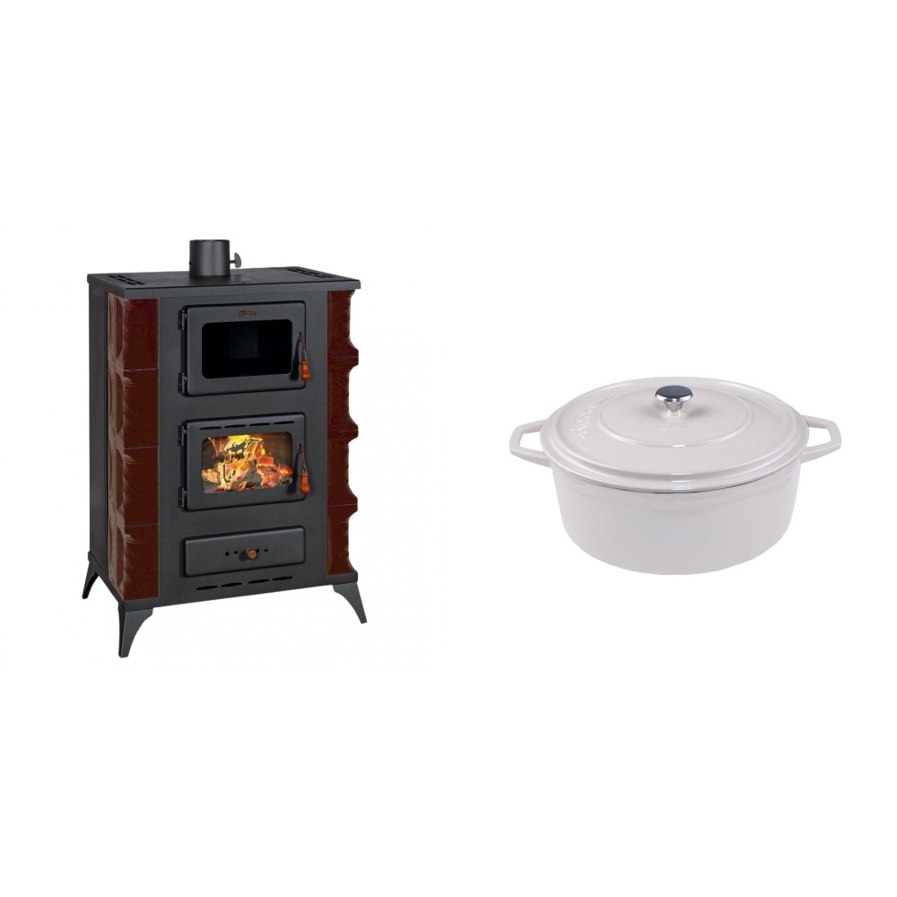 Set Kaminofen, Holzofen mit Backfach Prity, Modell F RK Maro, 12kW + Gusseisen Topf Tiefer Solagio, Ivory, Ф20