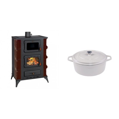 Set Kaminofen, Holzofen mit Backfach Prity, Modell F RK Maro, 12kW + Gusseisen Topf Tiefer Solagio, Ivory, Ф20 - Kaminofen - Holzofen mit Backfach