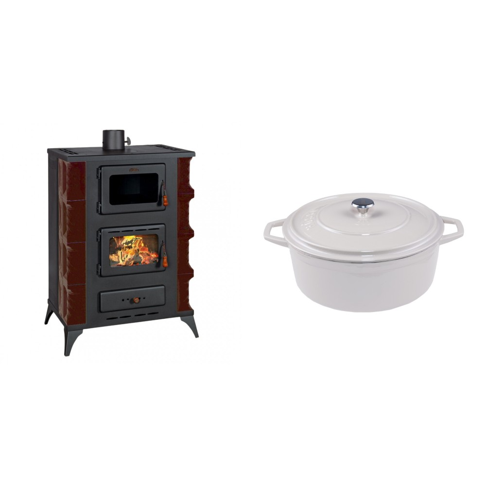 Set Kaminofen, Holzofen mit Backfach Prity, Modell F RK Maro, 12kW + Gusseisen Topf Tiefer Solagio, Ivory, Ф24