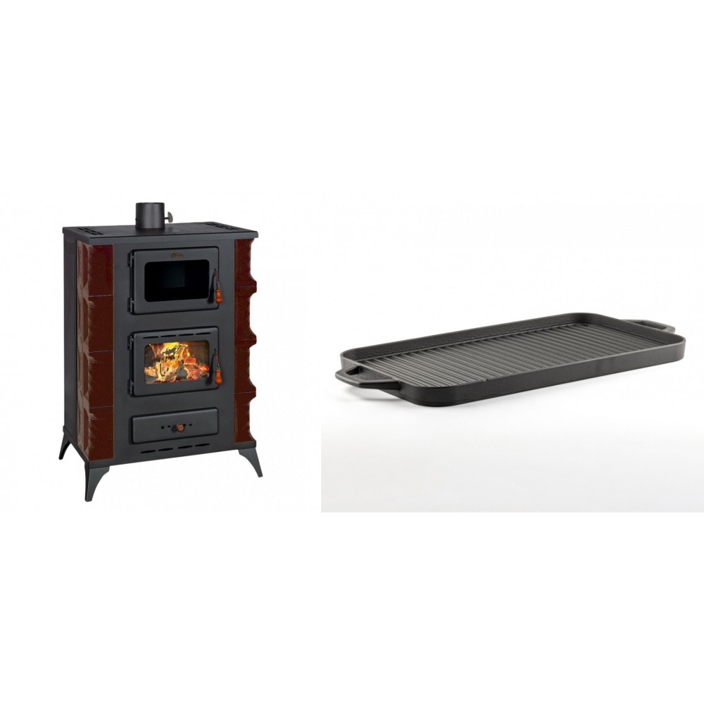 Set Kaminofen, Holzofen mit Backfach Prity, Modell F RK Maro, 12kW + Große Grillplatte aus Gusseisen Solagio, 25x44cm