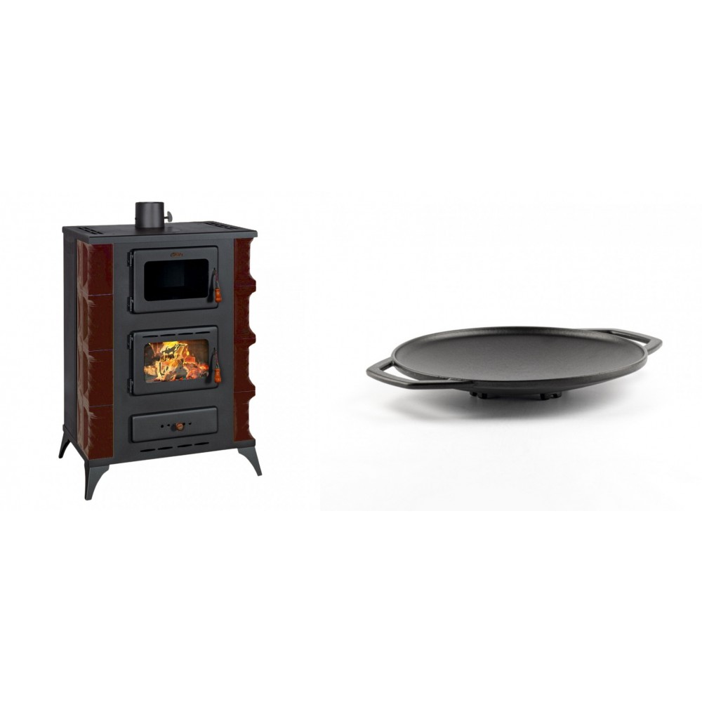 Set Kaminofen, Holzofen mit Backfach Prity, Modell F RK Maro, 12kW + Backplatte aus Gusseisen Solagio, Ф28cm