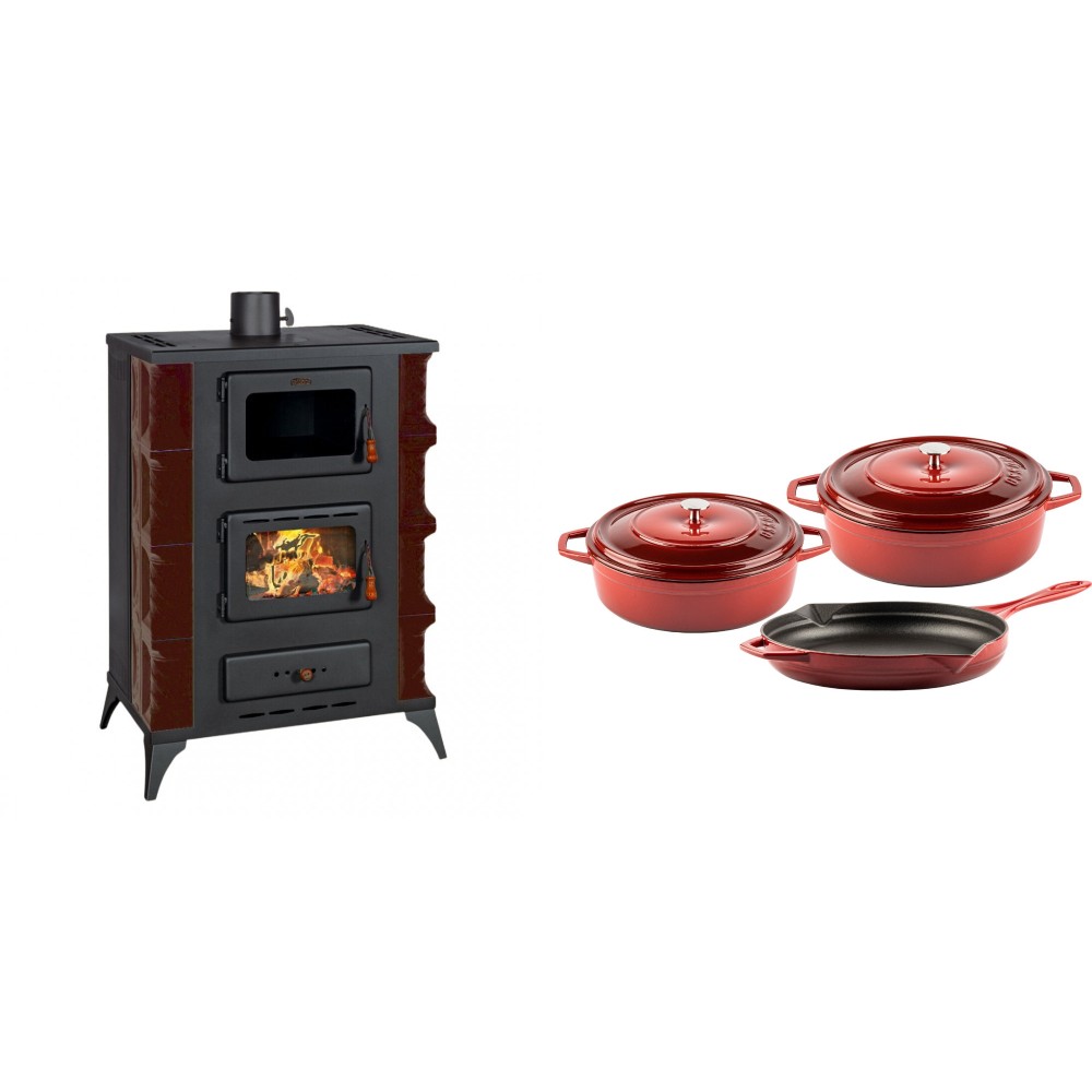 Set Kaminofen, Holzofen mit Backfach Prity, Modell F RK Maro, 12kW + Gusseisen Topf Set aus 3 teilen Solagio, Rubin