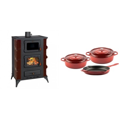 Set Kaminofen, Holzofen mit Backfach Prity, Modell F RK Maro, 12kW + Gusseisen Topf Set aus 3 teilen Solagio, Rubin - Kaminofen - Holzofen mit Backfach