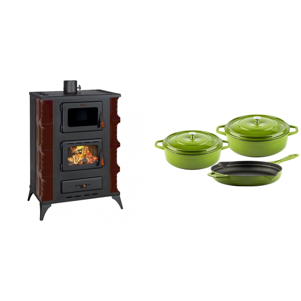 Set Kaminofen, Holzofen mit Backfach Prity, Modell F RK Maro, 12kW + Gusseisen Topf Set aus 3 teilen Solagio, Bamboo