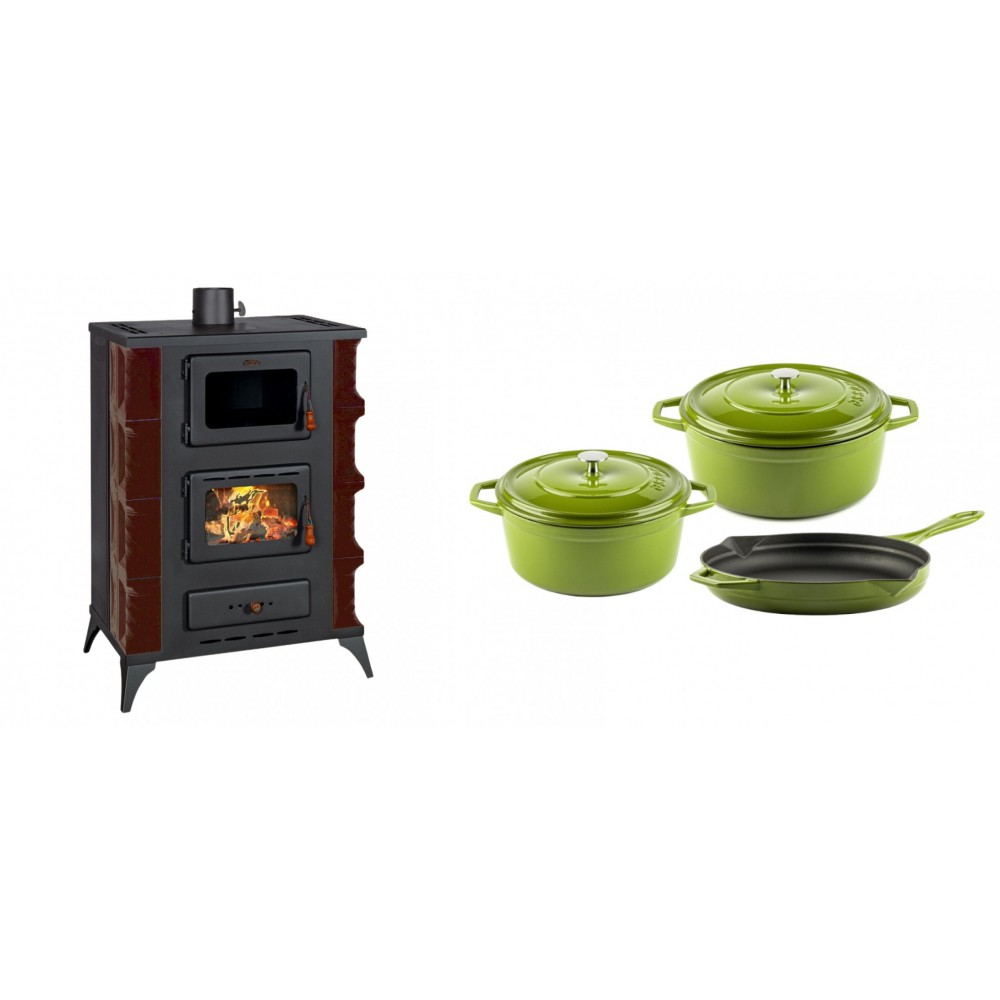 Set Kaminofen, Holzofen mit Backfach Prity, Modell F RK Maro, 12kW + Gusseisen Topf Set aus 3 teilen Solagio, Bamboo | Holzofen | Kaminofen |