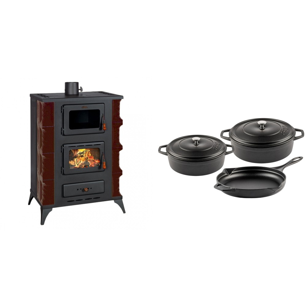 Set Kaminofen, Holzofen mit Backfach Prity, Modell F RK Maro, 12kW + Gusseisen Topf Set aus 3 teilen Solagio, Black Onyx