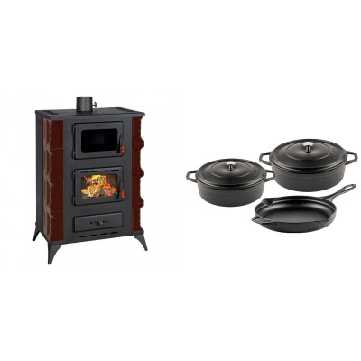 Set Kaminofen, Holzofen mit Backfach Prity, Modell F RK Maro, 12kW + Gusseisen Topf Set aus 3 teilen Solagio, Black Onyx - Kaminofen - Holzofen mit Backfach