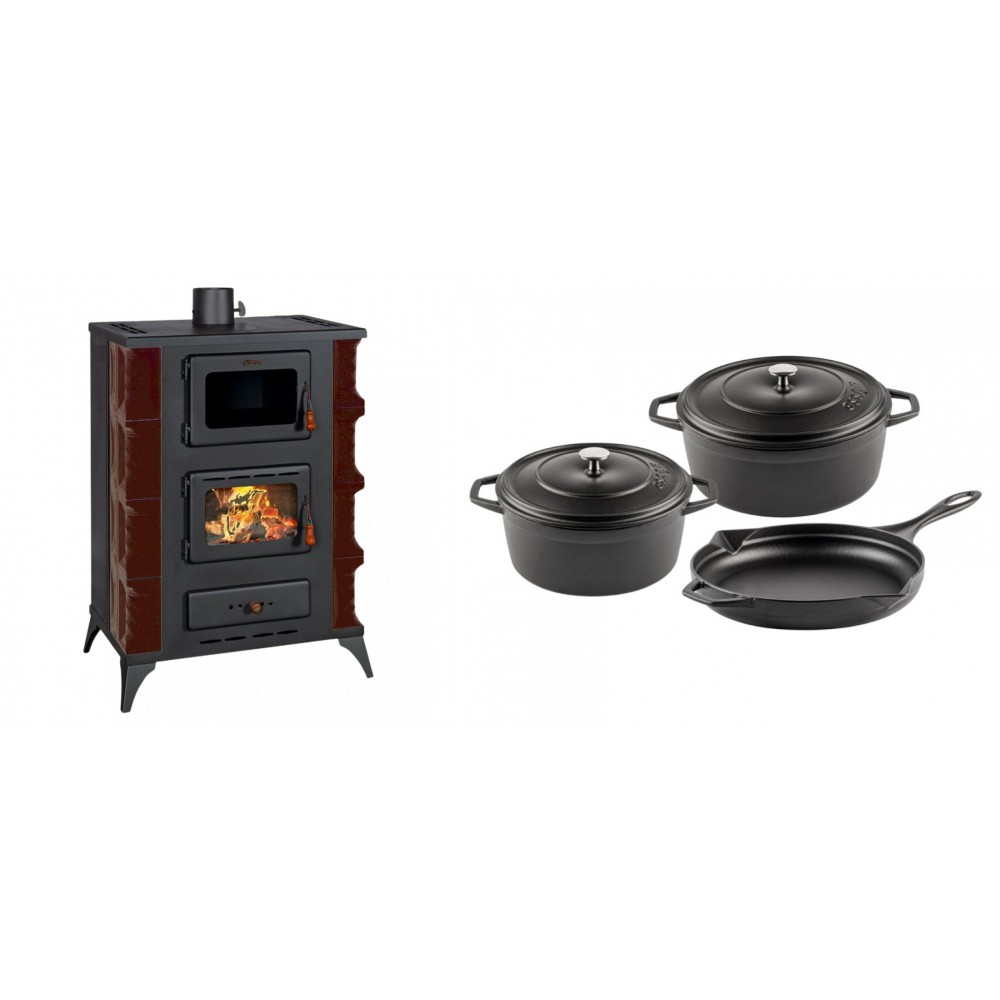 Set Kaminofen, Holzofen mit Backfach Prity, Modell F RK Maro, 12kW + Gusseisen Topf Set aus 3 teilen Solagio, Black Onyx | Holzofen | Kaminofen |