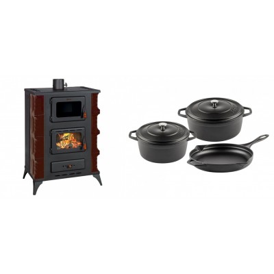 Set Kaminofen, Holzofen mit Backfach Prity, Modell F RK Maro, 12kW + Gusseisen Topf Set aus 3 teilen Solagio, Black Onyx - Kaminofen - Holzofen mit Backfach