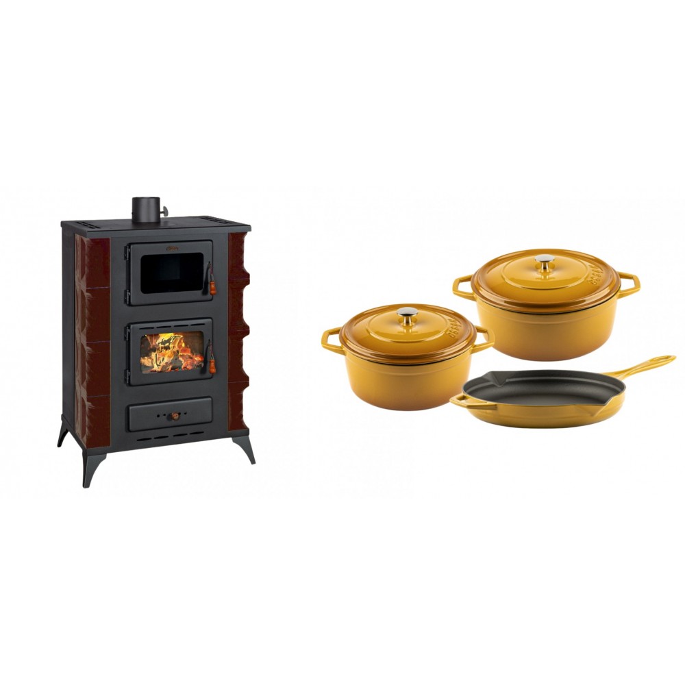 Set Kaminofen, Holzofen mit Backfach Prity, Modell F RK Maro, 12kW + Gusseisen Topf Set aus 3 teilen Solagio, Dijon