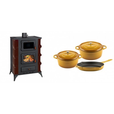 Set Kaminofen, Holzofen mit Backfach Prity, Modell F RK Maro, 12kW + Gusseisen Topf Set aus 3 teilen Solagio, Dijon - Kaminofen - Holzofen mit Backfach