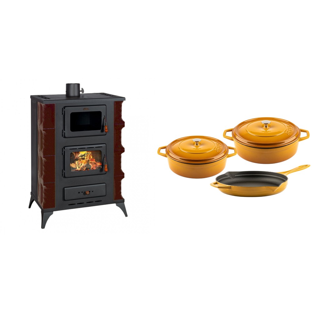 Set Kaminofen, Holzofen mit Backfach Prity, Modell F RK Maro, 12kW + Gusseisen Topf Set aus 3 teilen Solagio, Dijon
