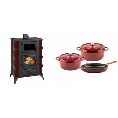 Set Kaminofen, Holzofen mit Backfach Prity, Modell F RK Maro, 12kW + Gusseisen Topf Set aus 3 teilen Solagio, Rubin - Kaminofen - Holzofen mit Backfach