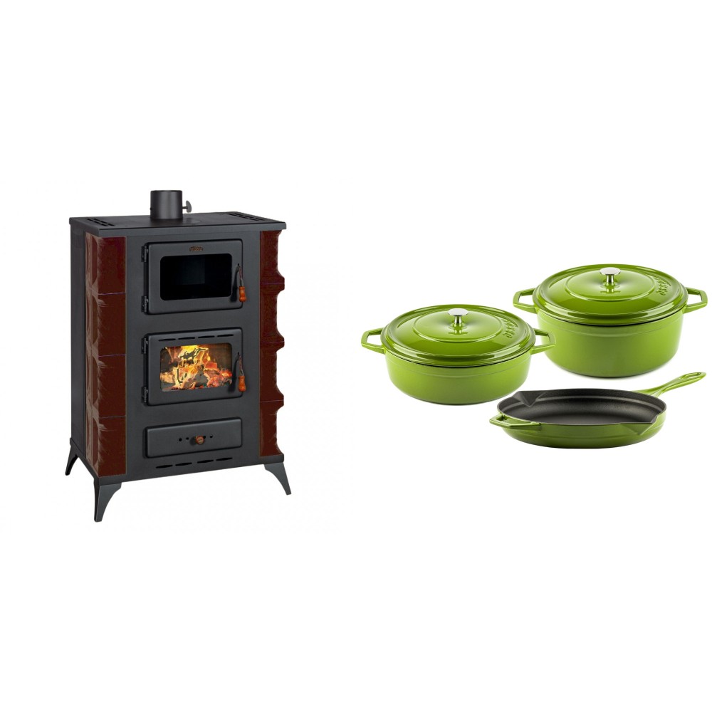 Set Kaminofen, Holzofen mit Backfach Prity, Modell F RK Maro, 12kW + Gusseisen Topf Set aus 3 teilen Solagio, Bamboo