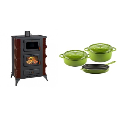 Set Kaminofen, Holzofen mit Backfach Prity, Modell F RK Maro, 12kW + Gusseisen Topf Set aus 3 teilen Solagio, Bamboo - Kaminofen - Holzofen mit Backfach