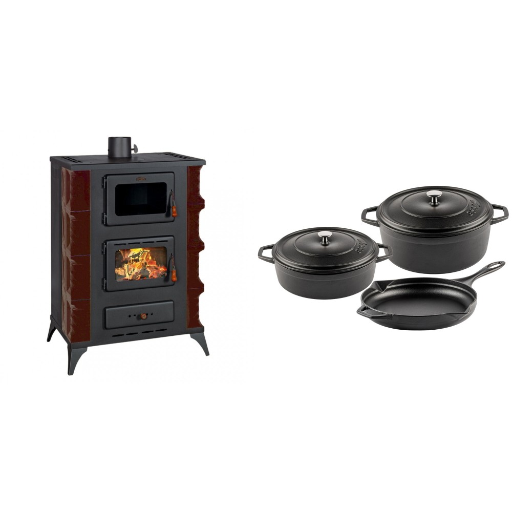 Set Kaminofen, Holzofen mit Backfach Prity, Modell F RK Maro, 12kW + Gusseisen Topf Set aus 3 teilen Solagio, Black Onyx | Holzofen | Kaminofen |