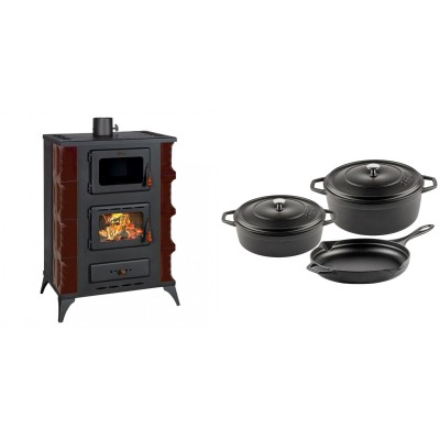 Set Kaminofen, Holzofen mit Backfach Prity, Modell F RK Maro, 12kW + Gusseisen Topf Set aus 3 teilen Solagio, Black Onyx - Kaminofen - Holzofen mit Backfach