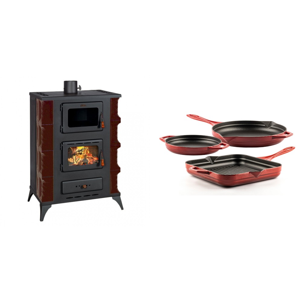 Set Kaminofen, Holzofen mit Backfach Prity, Modell F RK Maro, 12kW + Gusseisen Topf Set aus 3 teilen Solagio, Rubin | Holzofen | Kaminofen |
