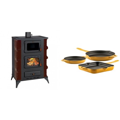 Set Kaminofen, Holzofen mit Backfach Prity, Modell F RK Maro, 12kW + Gusseisen Topf Set aus 3 teilen Solagio, Dijon - Kaminofen - Holzofen mit Backfach