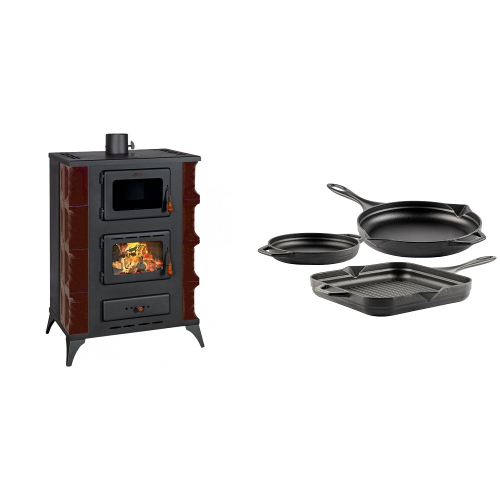 Set Kaminofen, Holzofen mit Backfach Prity, Modell F RK Maro, 12kW + Gusseisen Topf Set aus 3 teilen Solagio, Black Onyx | Holzofen | Kaminofen |