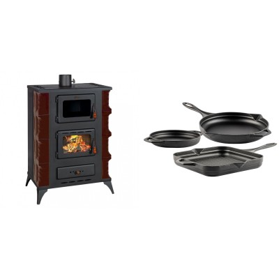 Set Kaminofen, Holzofen mit Backfach Prity, Modell F RK Maro, 12kW + Gusseisen Topf Set aus 3 teilen Solagio, Black Onyx - Kaminofen - Holzofen mit Backfach