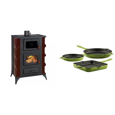 Set Kaminofen, Holzofen mit Backfach Prity, Modell F RK Maro, 12kW + Gusseisen Topf Set aus 3 teilen Solagio, Bamboo - Kaminofen - Holzofen mit Backfach