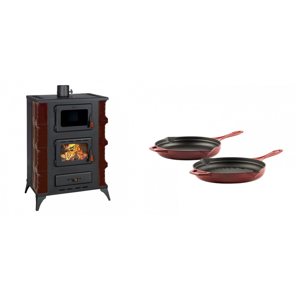 Set Kaminofen, Holzofen mit Backfach Prity, Modell F RK Maro, 12kW + Gusseisen Topf Set aus 2 teilen Solagio, Rubin | Holzofen | Kaminofen |