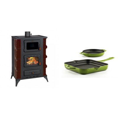 Set Kaminofen, Holzofen mit Backfach Prity, Modell F RK Maro, 12kW + Gusseisen Topf Set aus 2 teilen Solagio, Bamboo - Kaminofen - Holzofen mit Backfach