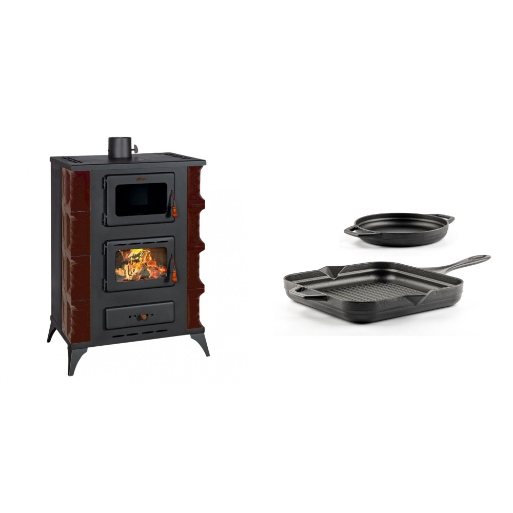 Set Kaminofen, Holzofen mit Backfach Prity, Modell F RK Maro, 12kW + Gusseisen Topf Set aus 2 teilen Solagio, Black Onyx