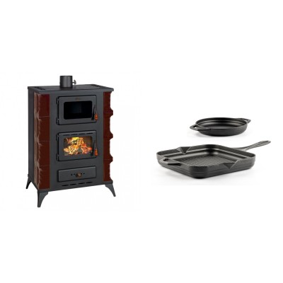 Set Kaminofen, Holzofen mit Backfach Prity, Modell F RK Maro, 12kW + Gusseisen Topf Set aus 2 teilen Solagio, Black Onyx - Kaminofen - Holzofen mit Backfach