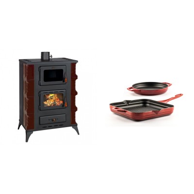 Set Kaminofen, Holzofen mit Backfach Prity, Modell F RK Maro, 12kW + Gusseisen Topf Set aus 2 teilen Solagio, Rubin - Kaminofen - Holzofen mit Backfach