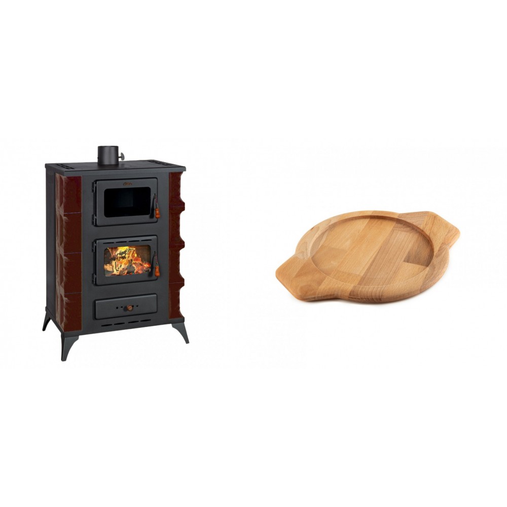 Set Kaminofen, Holzofen mit Backfach Prity, Modell F RK Maro, 12kW + Holz untersetzer für gusseisenschüssel Solagio HSYKTV22