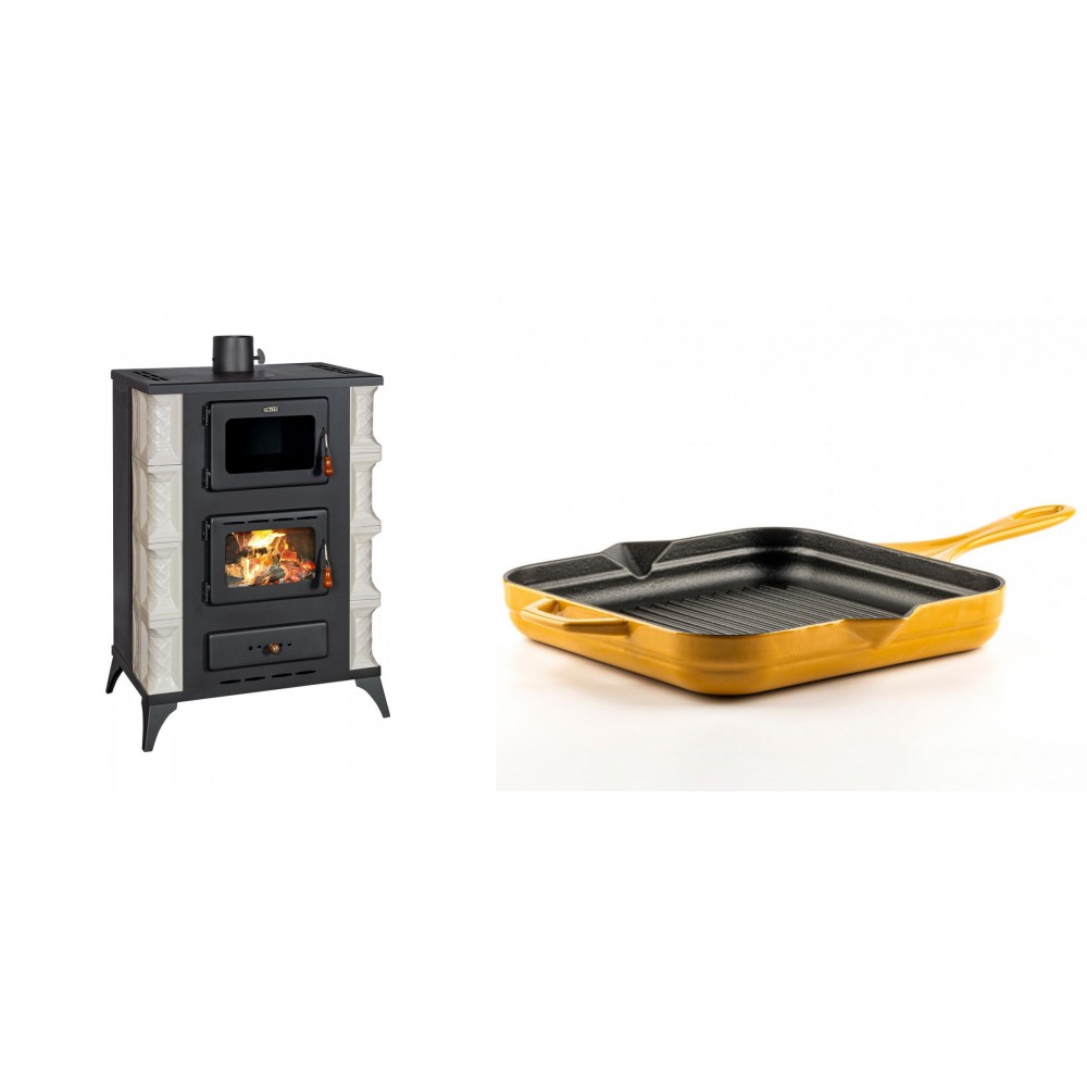 Set Kaminofen, Holzofen mit Backfach Prity, Modell F RK Dantela, 12kW + Emaillierte grillpfanne Gusseisen Solagio, Dijon, 28х28cm | Holzofen | Kaminofen |