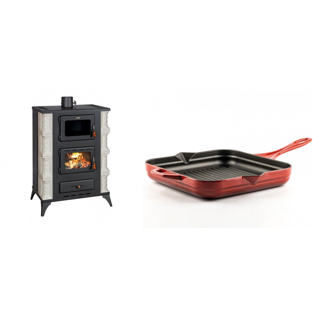 Set Kaminofen, Holzofen mit Backfach Prity, Modell F RK Dantela, 12kW + Emaillierte grillpfanne Gusseisen Solagio, Rubin, 28x28cm | Holzofen | Kaminofen |