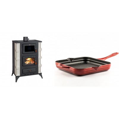 Set Kaminofen, Holzofen mit Backfach Prity, Modell F RK Dantela, 12kW + Emaillierte grillpfanne Gusseisen Solagio, Rubin, 28x28cm - Kaminofen - Holzofen mit Backfach