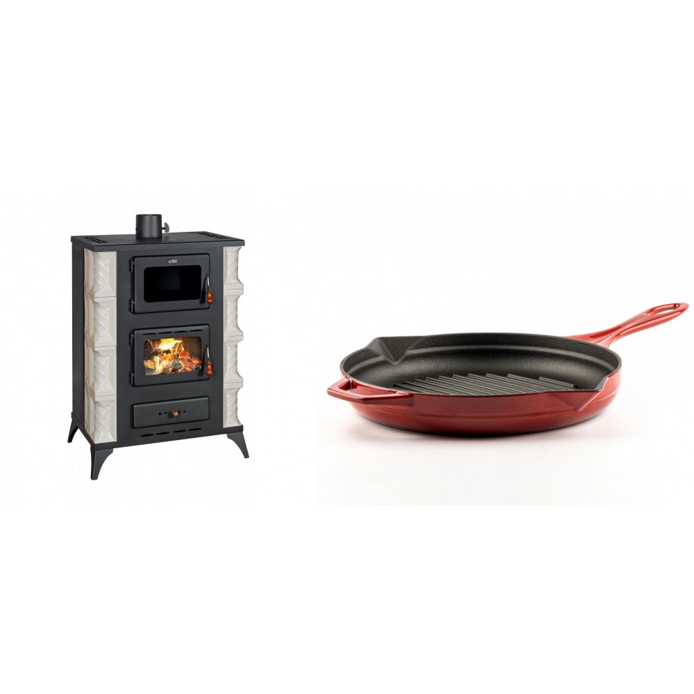 Set Kaminofen, Holzofen mit Backfach Prity, Modell F RK Dantela, 12kW + Emaillierte grillpfanne Gusseisen Solagio, Rubin, Ф28cm | Holzofen | Kaminofen |