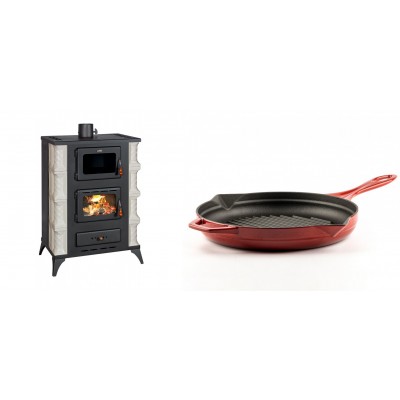 Set Kaminofen, Holzofen mit Backfach Prity, Modell F RK Dantela, 12kW + Emaillierte grillpfanne Gusseisen Solagio, Rubin, Ф28cm - Kaminofen - Holzofen mit Backfach