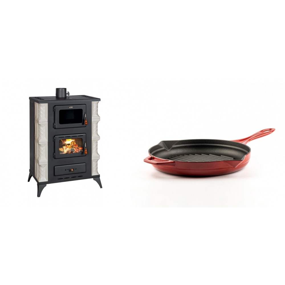 Set Kaminofen, Holzofen mit Backfach Prity, Modell F RK Dantela, 12kW + Emaillierte grillpfanne Gusseisen Solagio, Rubin, Ф24cm
