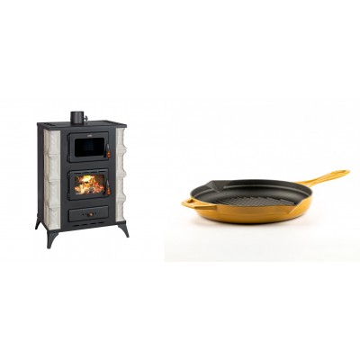 Set Kaminofen, Holzofen mit Backfach Prity, Modell F RK Dantela, 12kW + Emaillierte grillpfanne Gusseisen Solagio, Dijon, Ф24cm - Kaminofen - Holzofen mit Backfach