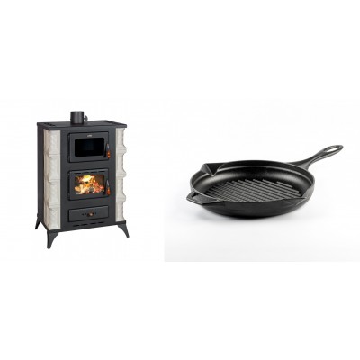 Set Kaminofen, Holzofen mit Backfach Prity, Modell F RK Dantela, 12kW + Emaillierte grillpfanne Gusseisen Solagio, Black Onyx, Ф24cm - Kaminofen - Holzofen mit Backfach